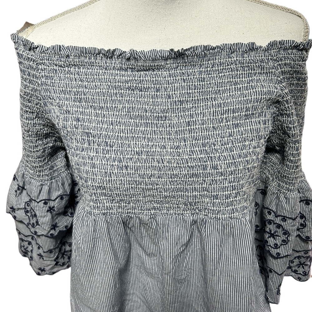 BeachLunchLounge, large, blue embroidered off the shoulder top. Cotton. - Picture 3 of 10
